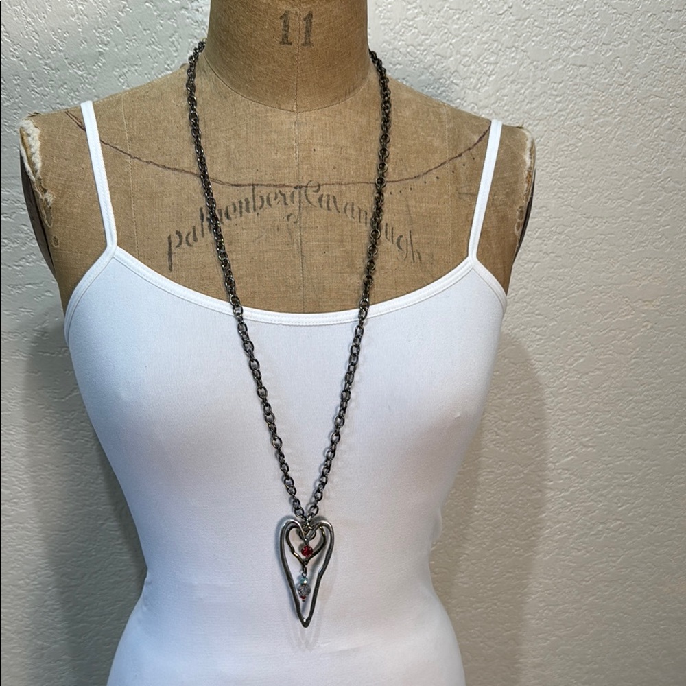 Lost and Found Women's Long Chain Heart Charm Necklace with Crystals NWT‎
